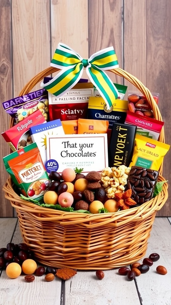 A gift basket filled with gourmet snacks like popcorn, chocolates, and dried fruits, decorated with a ribbon.